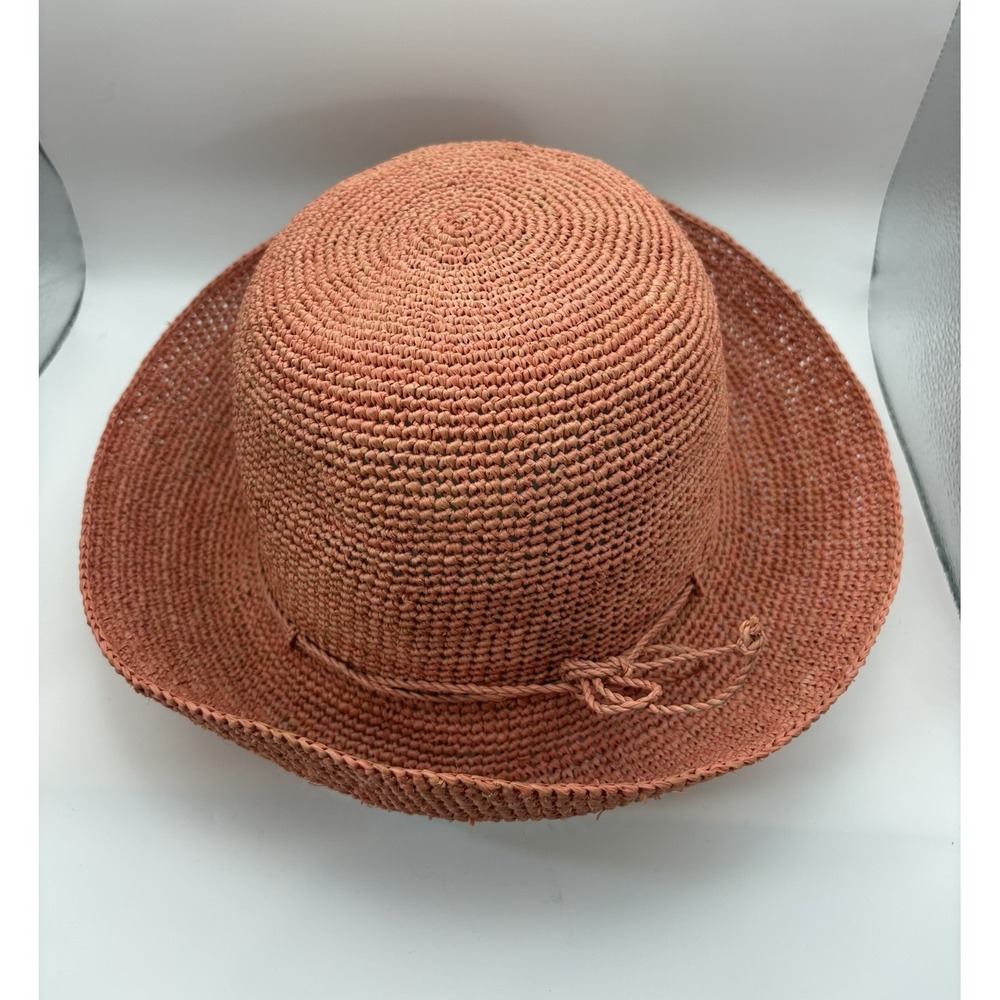 Helen Kaminski Raffia Crochet Sun Hat Coral Pink Wide Brim Made USA Adjustable - Picture 2 of 11